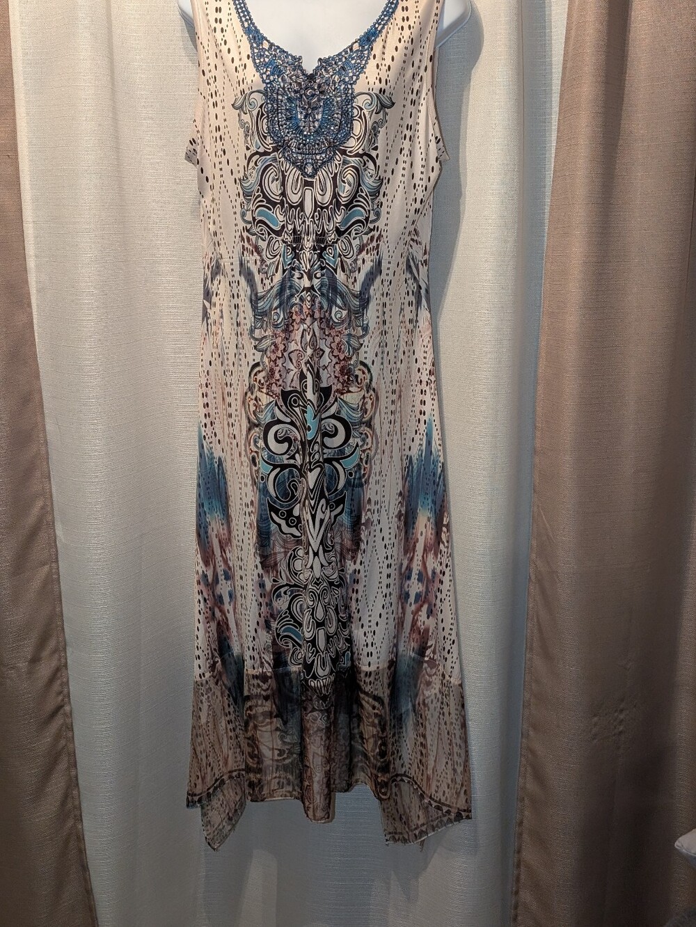 Sleeveless Printed Maxi Dress in Cream and Blue